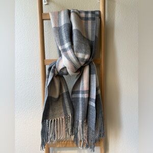 Plaid Fringe Scarf in Gray & Blush